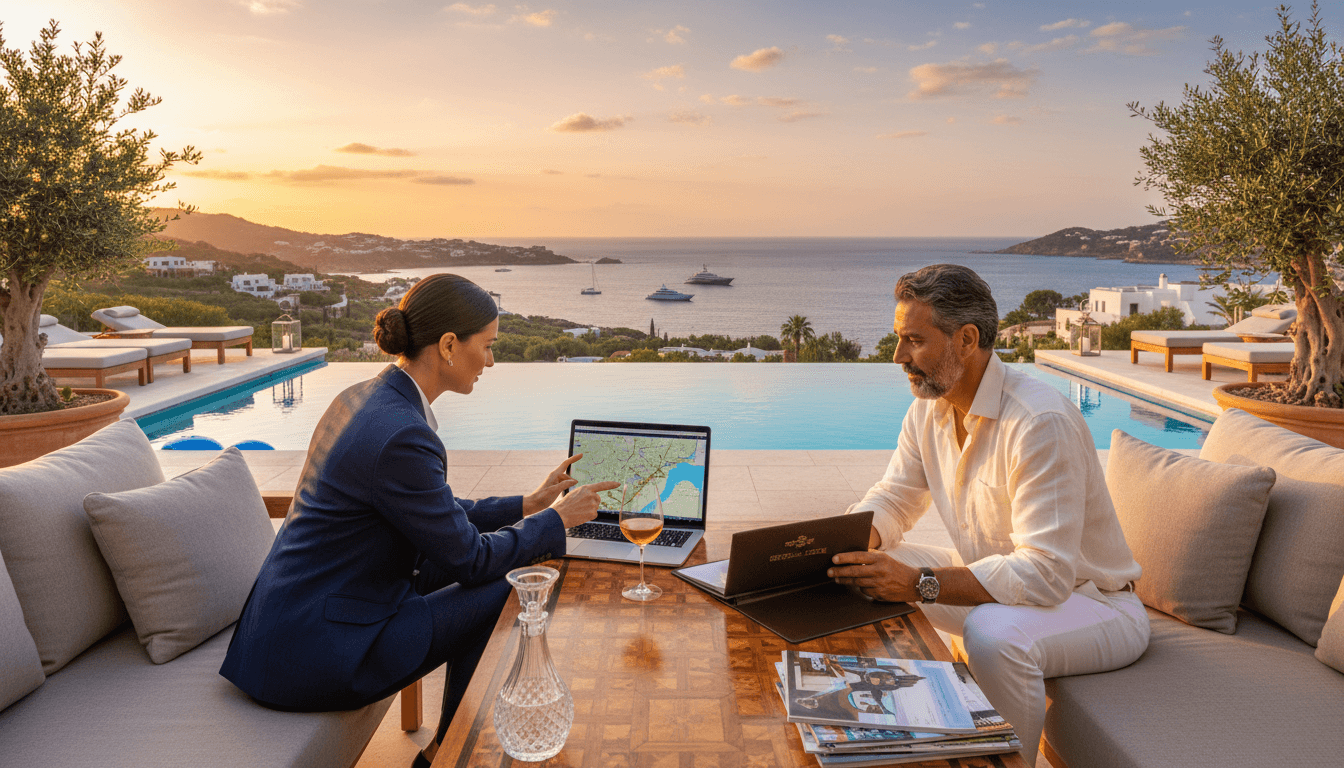 Concierge assisting a client at a luxury villa overlooking an infinity pool and sea at sunset