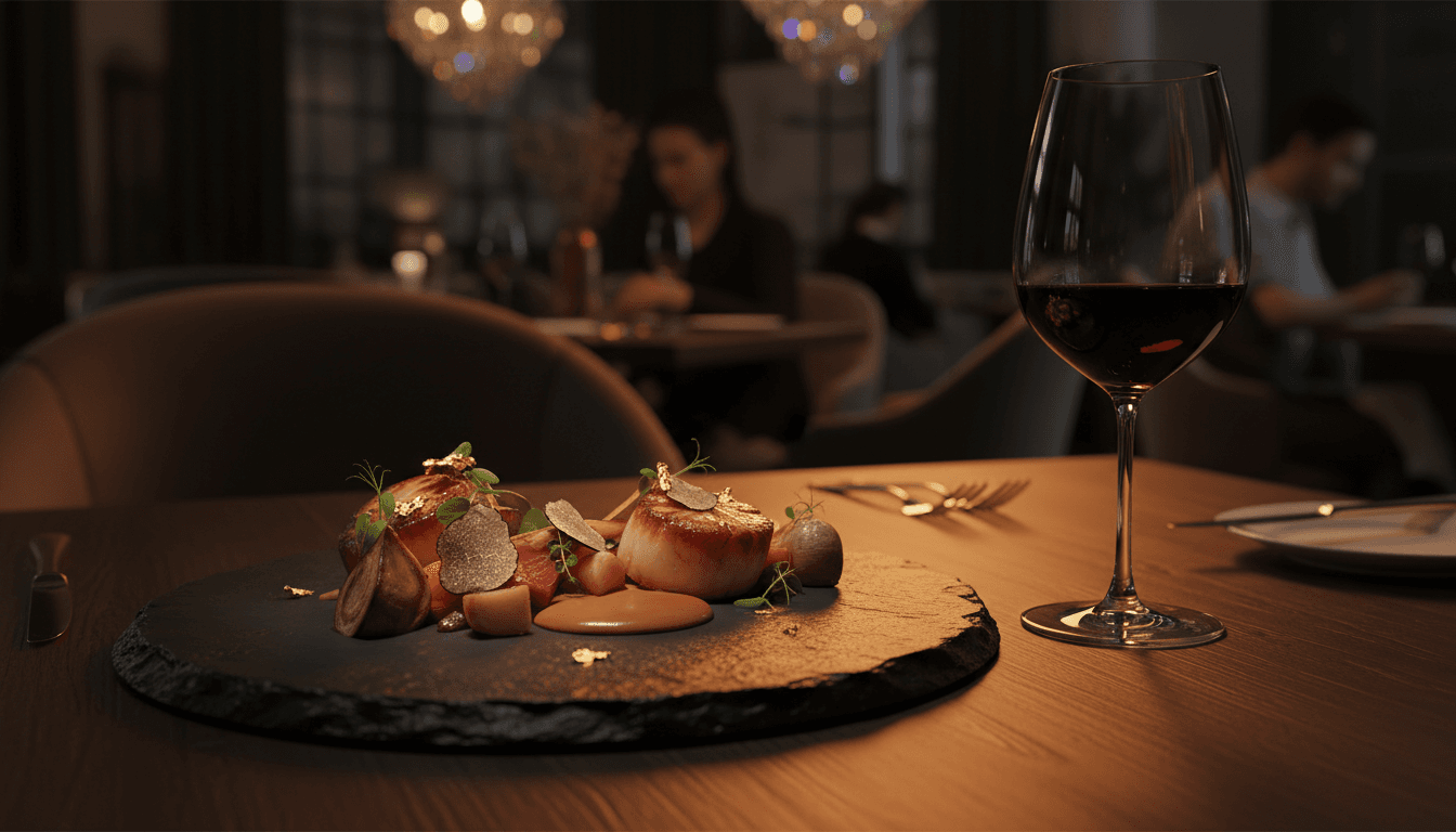 Gourmet fine dining plate with wine