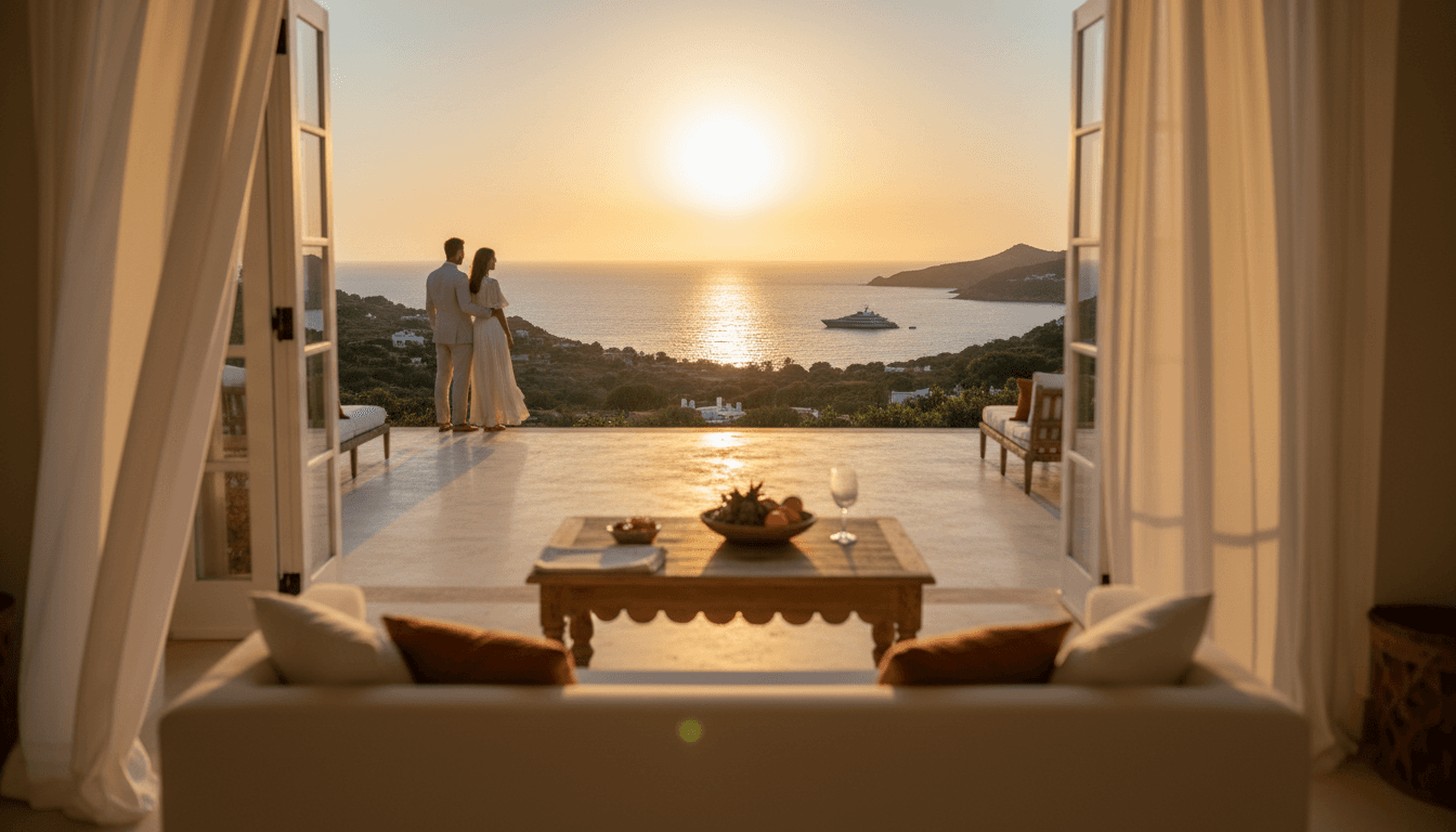 Elegant couple enjoying a Mediterranean sunset from a luxury villa terrace overlooking the sea