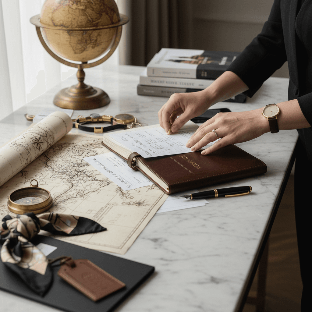 Luxury travel planner's workspace with handwritten itinerary details and curated guides