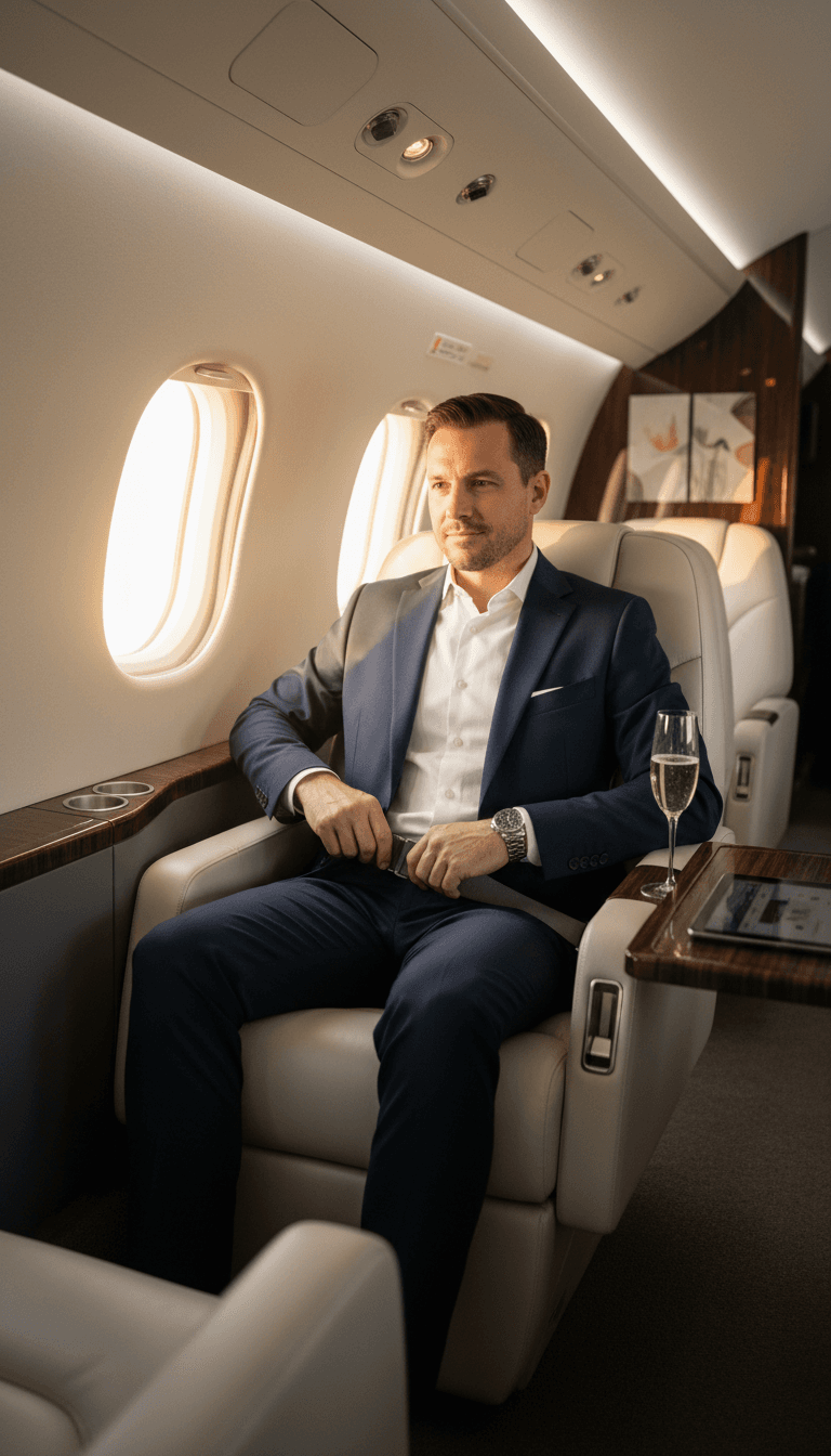Private jet cabin interior with premium seating and lighting