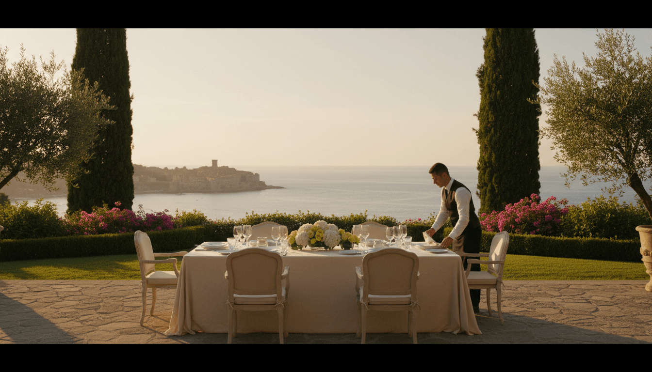 Elegant Italian villa terrace overlooking Mediterranean coastline at sunset, set for premium outdoor dining experience