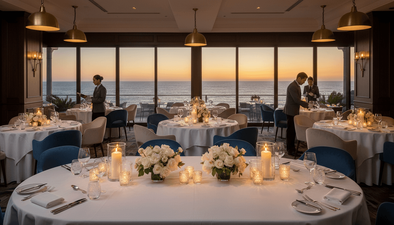 Fine dining table setting at exclusive beachfront restaurant with candlelight