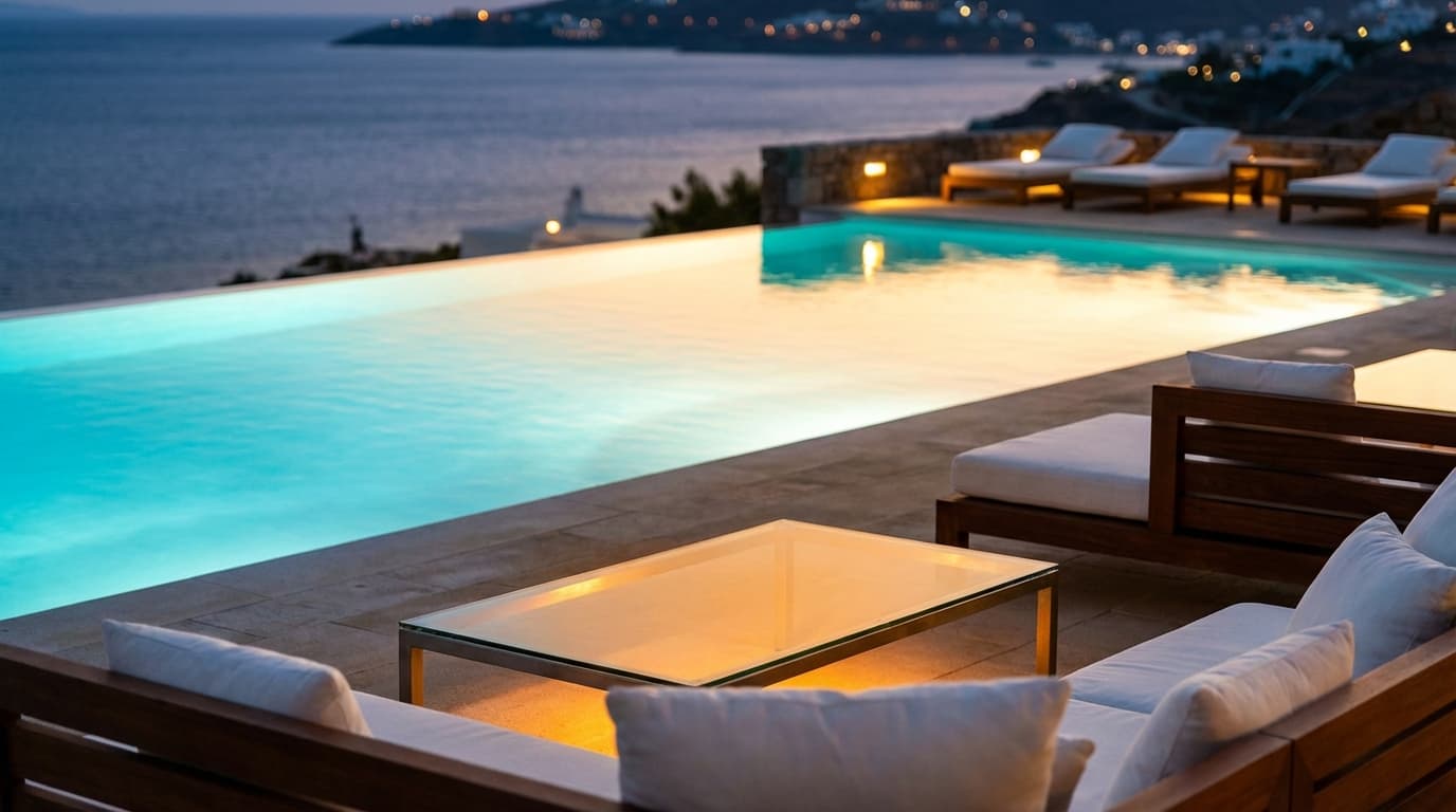 Premium concierge professional planning an elegant coastal experience on a Mediterranean terrace at sunset