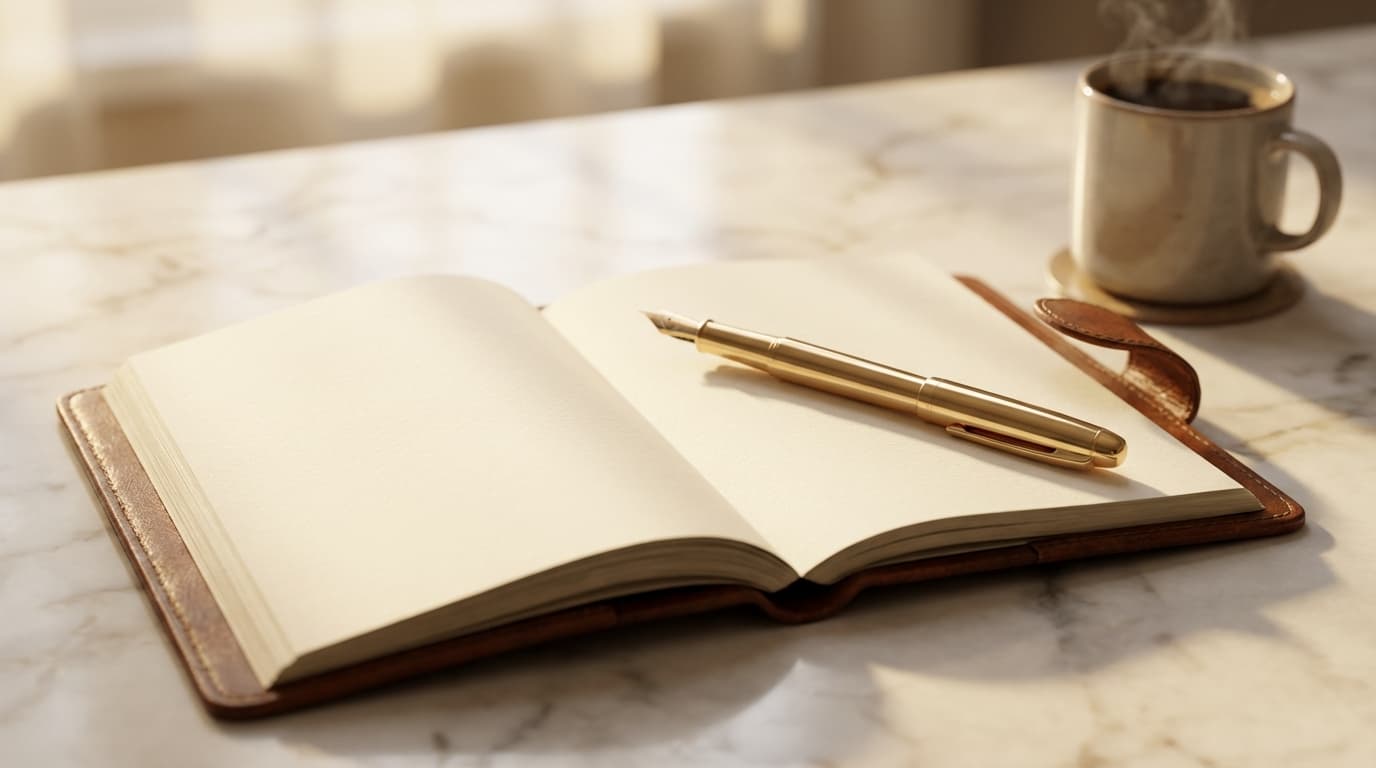 Hands holding an open leather planner with detailed itinerary notes