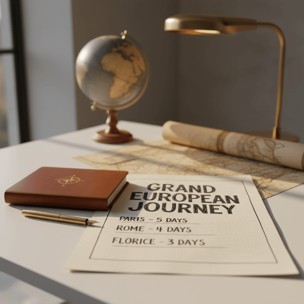 Travel planner's desk with printed itinerary, notebook, pen, and vintage maps in elegant minimalist office setting